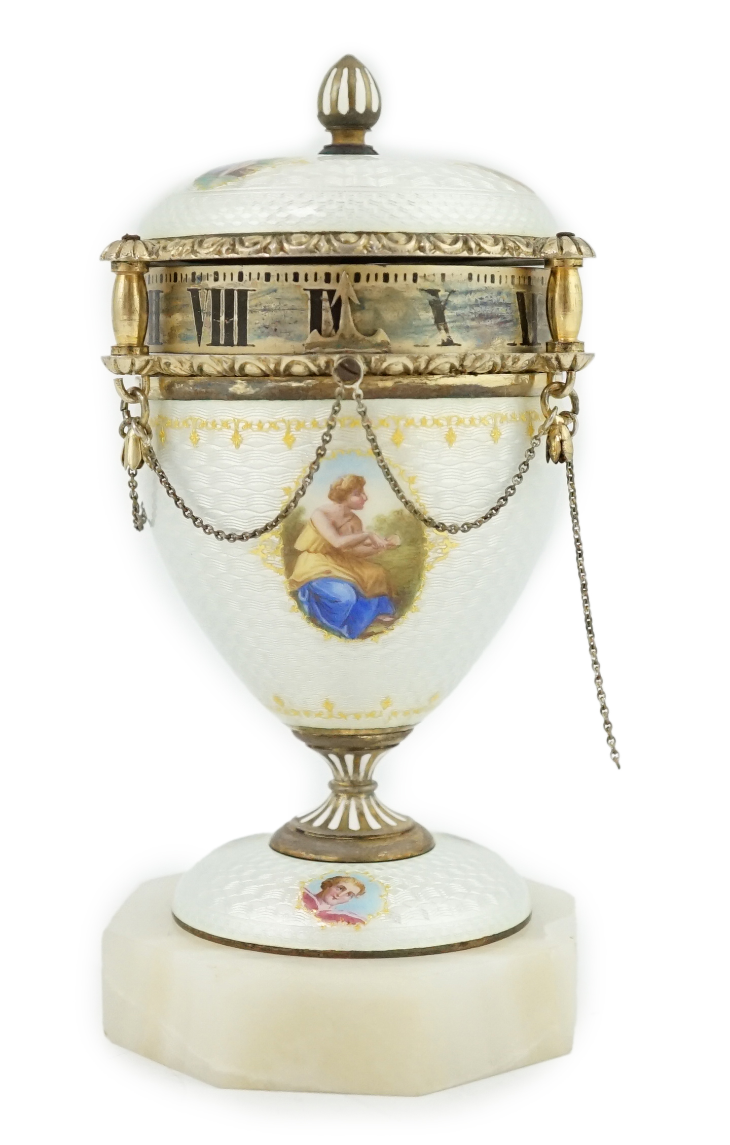 A 19th century Swiss miniature silver and guilloche enamel urn shaped timepiece